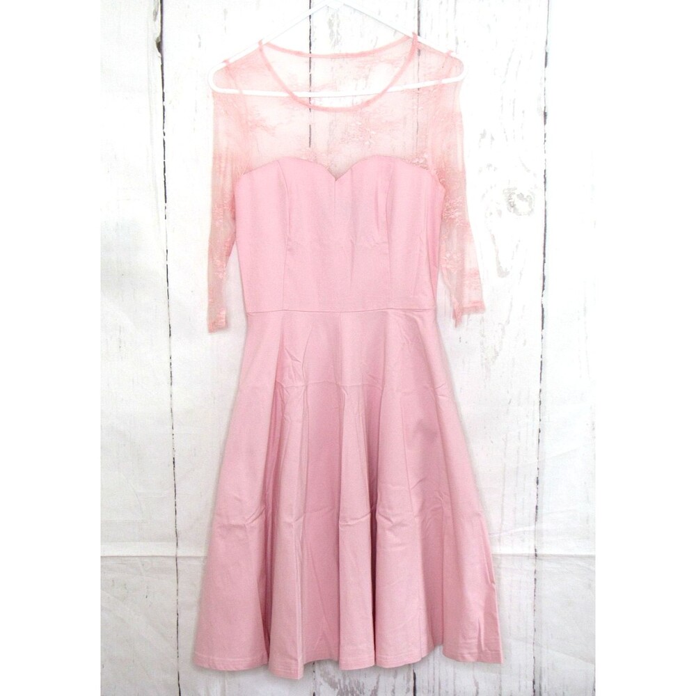 NWT Gown Town Pink Flared Midi Dress Sweetheart Neckline Sheer Lace Sleeve Sz M